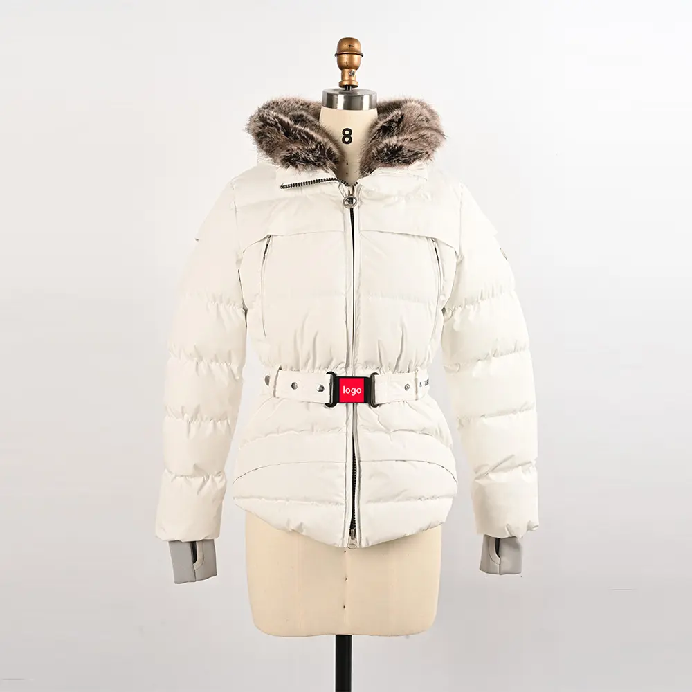 Custom brand design winter warm waterproof women padded puffer down long coat jacket with Fur Hood
