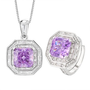 Trendy Eco-friendly Copper <b>Iced</b> <b>Out</b> Purple Cubic Zirconia Jewelry Set 10*10mm High Carbon Diamond Necklace Ring for Casual Wear - Product Image 1