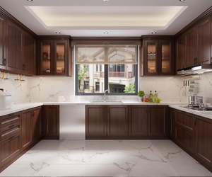 Armoires de cuisine en forme de U de luxe de haute qualité, armoires de cuisine classiques en bois massif avec plan de travail en céramique frittée - Product Image 1