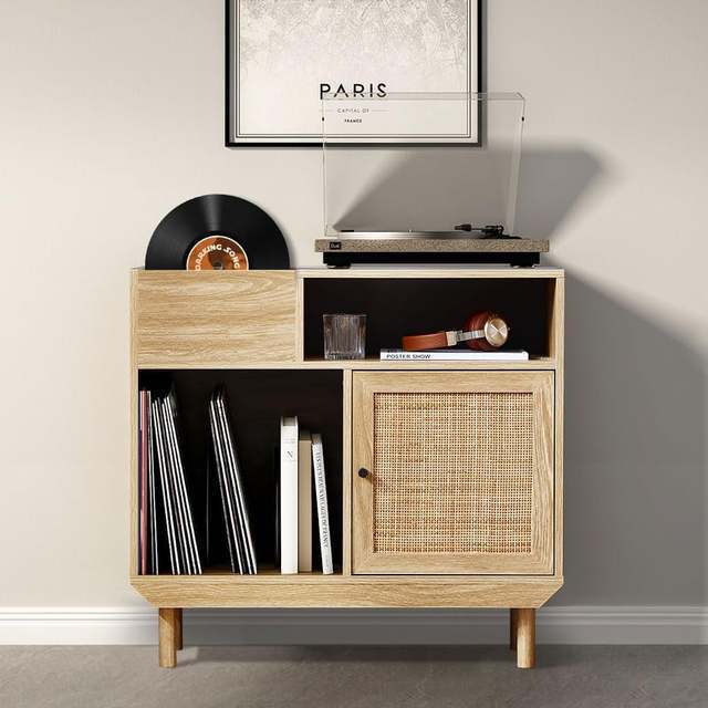 AJUNION Vintage Record Player Stand Turntable Stand Cabinet Vinyl Record Wood Storage Table with Rattan Door