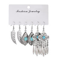 Ensemble de boucles d'oreilles pendantes vintage bohèmes turquoise, plaqué argent, style ethnique gitan tribal, avec plumes, cadeau de mariage pour femme