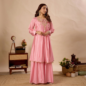Traje Sharara Chino Rosa Puro, Largo hasta el Suelo, de Secado Rápido, con Lentejuelas Bordadas, Borlas y Encaje, Traje Étnico para Mujer, para Fiestas y Bodas - Product Image 1