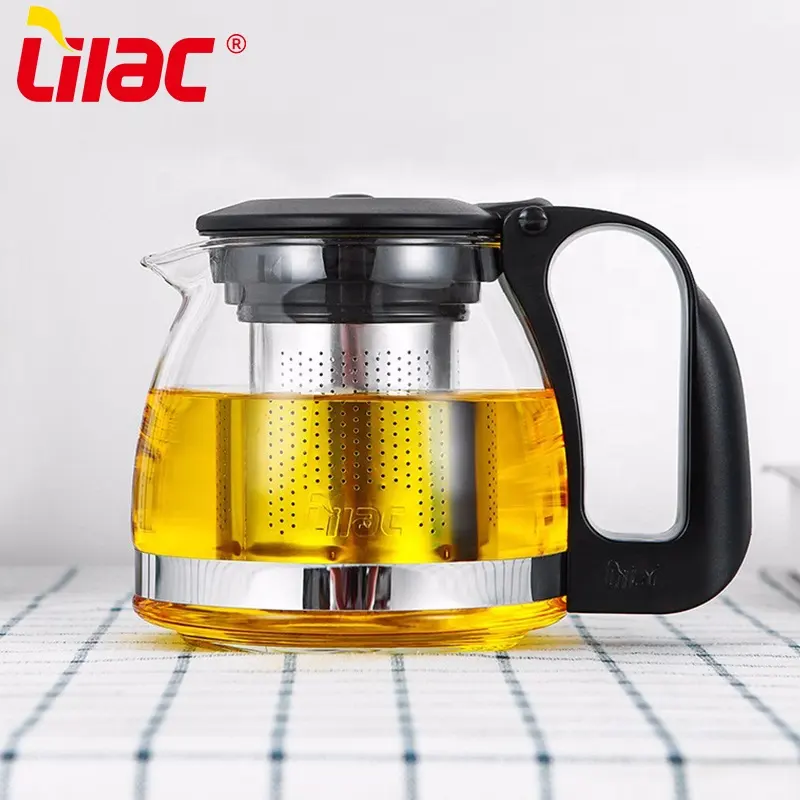 Lilac BSCI SGS LFGB 700ml 1250ml, pot teh kaca transparan bunga kustom Tiongkok dengan infuser tahan karat