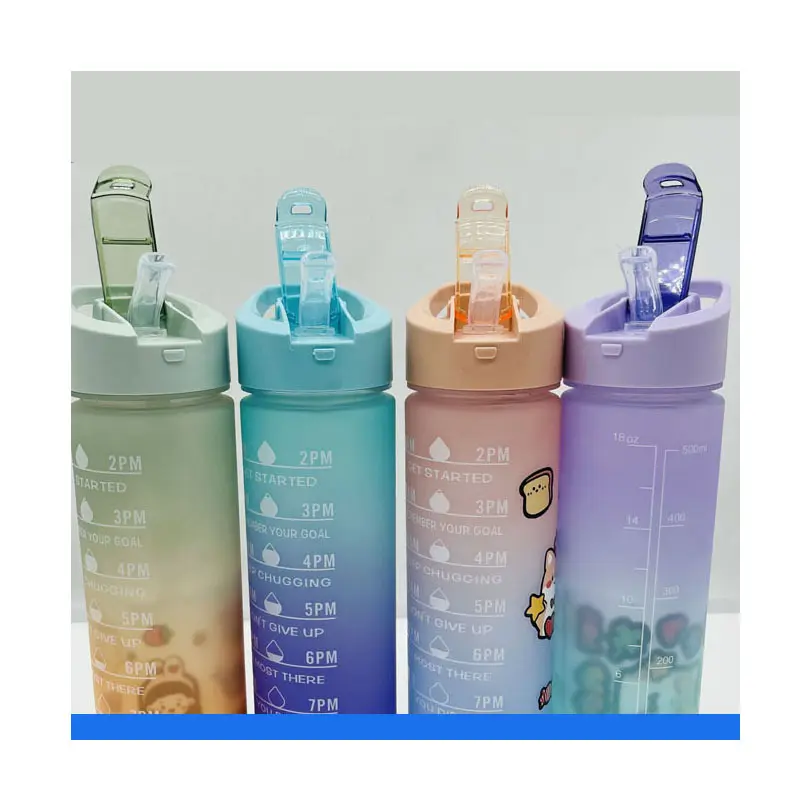 Gradient Color Measuring Scale Cup Water Bottle Fitness With Stickers 650 800 ML Bottles For Drinks