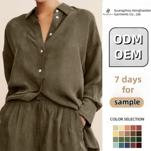 ODM Set di <span class=keywords><strong>camicia</strong></span> da <span class=keywords><strong>donna</strong></span> di moda autunnale personalizzato ampio <span class=keywords><strong>oversize</strong></span> Casual da <span class=keywords><strong>donna</strong></span> a maniche lunghe abito di <span class=keywords><strong>lino</strong></span> verde militare <span class=keywords><strong>camicia</strong></span> e pantaloni Set - Product Image 2