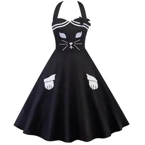 Wholesale Summer Black Sleeveless Halter Swing Lady Dresses Cute Cat Embroider A-line Women Casual Dresses