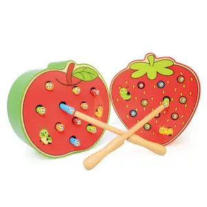 Bebek ahşap oyuncaklar erken çocukluk eğitici yürümeye başlayan oyuncaklar ahşap manyetik çilek elma yakalamak solucan oyunu renk bilişsel oyun