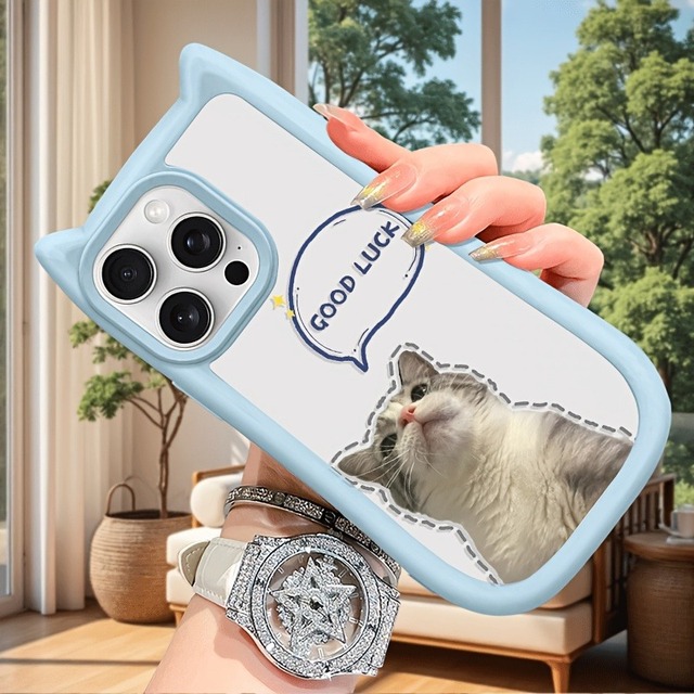 Cute Lucky Lovely Cat with Ears Phone case for iPhone 16 15 14 13 12 11 Pro Max/Pro/Plus Anti-drop Transparent Soft Back Cover