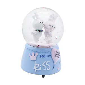 Customized Cute Rabbits Crystal Ball with Color Changing Led Lights , Resin Music Box Snow Globe For Love Gift