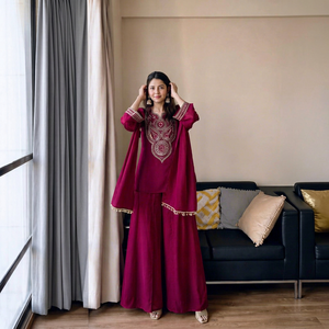 Women's Maroon Cotton Embroidered <b>Kurta</b> Set With Tassel Detailing Fit Traditional <b>Indian</b> Pakistani Casual Wear Floor-Length - Product Image 1