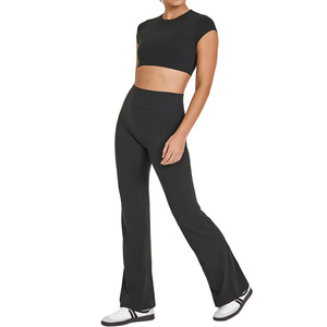 Women's Yoga Set Black Cut Out Back Short Sleeve High Elasticity Fitness Workout Wear For Young Women Summer 2025 - Product Image 4