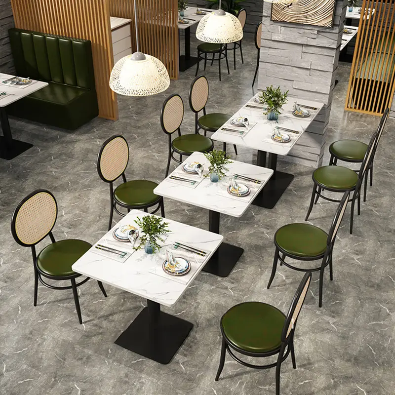 Table de salle à manger moderne en pierre artificielle base en métal table de restauration rapide ardoise pour restaurant thé au lait