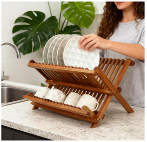 Teak Dish Drainer <b>Rack</b> Collapsible 2 Tier Dish <b>Rack</b> Dish Drying <b>Rack</b> Foldable <b>Plate</b> Organizer Holder for Kitchen Countertop - Product Image 1