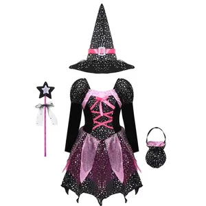 Robe imprimée pour filles, jolie tenue 2 pièces, effrayant, diable, manches longues, scintillante, chapeau pointu, baguette, sac de bonbons, tenue de déguisement d'halloween