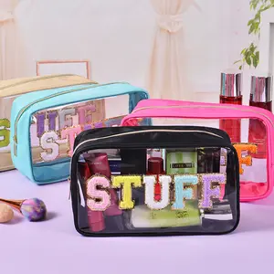 Chenille Letter Clear Large Capacity Waterproof Pvc Toiletry Bag Preppy Patch Makeup Bag Portable Glitter Travel Cosmetic Bag