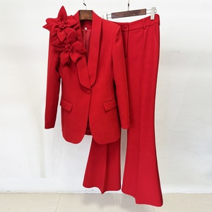 OUDINA Nouveau Blazer à un bouton rouge à fleurs 3D, pantalon décontracté, ensemble deux pièces pour le bureau, costume formel pour femmes - Product Image 5