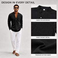 Kemeja Henley Pria Lengan Panjang Katun Kerah Tegak V-Neck untuk Pantai dan Bisnis dengan Saku Dada, Potongan Santai, Ringan, dan Bernapas