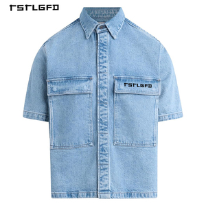 Wholesale Spring Light Wash Printed Denim Short <b>Set</b> Cargo Pockets for Men Relaxed Fit Short Sleeve Button Streetwear Tracksuit - Product Image 6