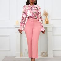 Ensemble chemisier et pantalon de bureau tendance pour femmes D457, chemisier à manches longues à imprimé élégant et pantalon assorti, tenue deux pièces pour femmes
