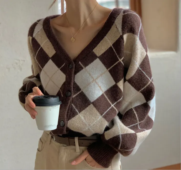 Women's Long Sleeve Sweater Retro V-neck Long Sleeve Short Top Knit Cardigan Women's Ladies Knitwear