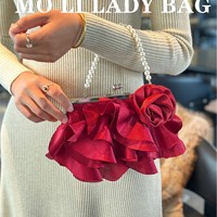 Sac de soirée rétro en satin vintage à fleurs, grande capacité, fleur de rose, perle, polyester, 2026