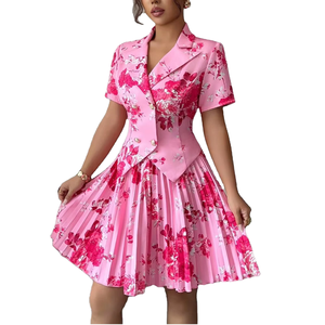 Ensemble blazer et jupe plissée au-dessus du genou pour <span class=keywords><strong>femme</strong></span>, imprimé rose vintage élégant, <span class=keywords><strong>tenue</strong></span> de soirée 2 pièces - Product Image 1