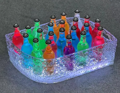 Forma ovalada personalizada Led de lujo intermitente vino vodka whisky cubos acrílico cubo de hielo de plástico