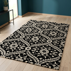 Tapis floral noir et blanc, tapis d'intérieur à motif traditionnel pour salon, chambre à coucher, décoration de la maison - Product Image 1