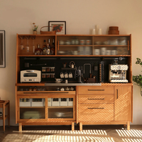Buffet moderne en bois massif de style mid-century avec rangement intégré, table à manger et casier à vin mural pour bar et cuisine