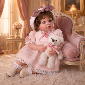 Muñeca Reborn de Vinilo de 24 Pulgadas con Cuerpo Suave, Vestido de Encaje Rosa, Gorro de Satén y Pantalones Bombachos, Muñeca Recién Nacida para Juego de Imitación - Product Image 2