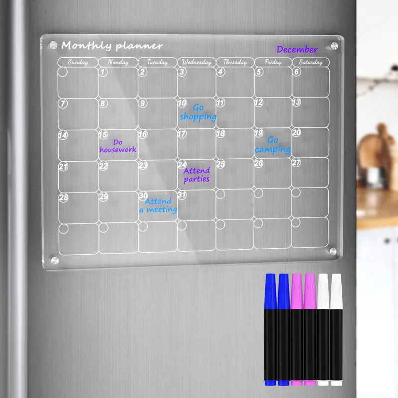 Kalender kulkas papan lembar akrilik bening Harian Mingguan bulanan papan hapus kering Kustom kulkas