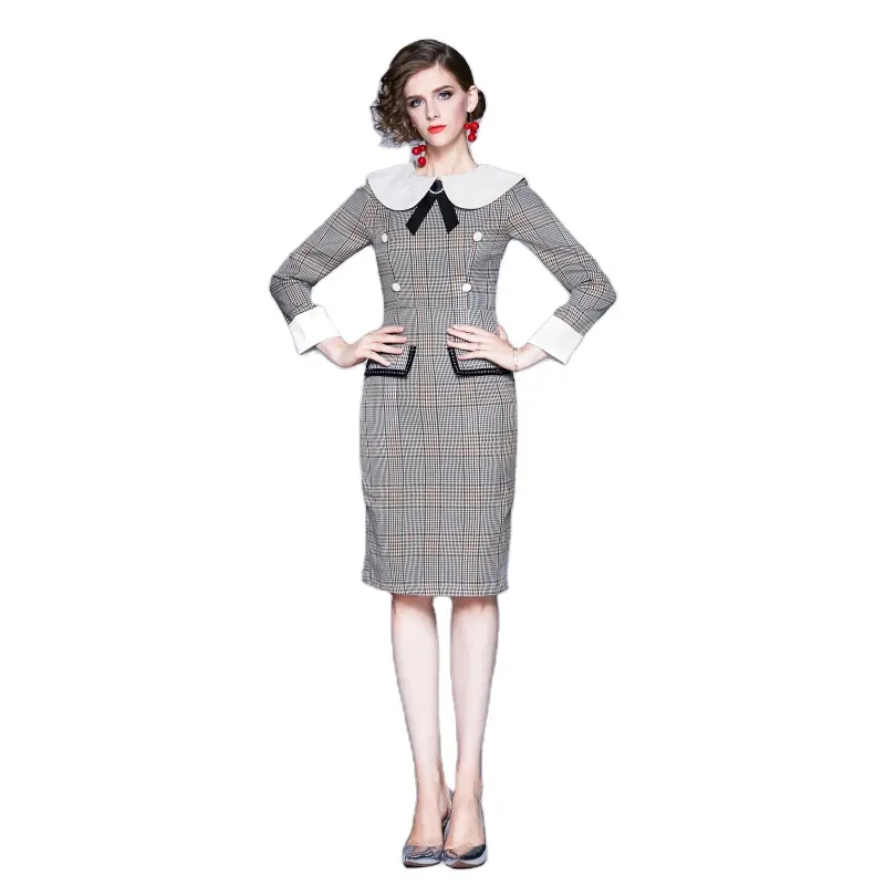 Mini Regular Vintage Plaid Turn Down Collar Checked Long Sleeve Dress Women Office Uniform Style High Quality Prom Dress