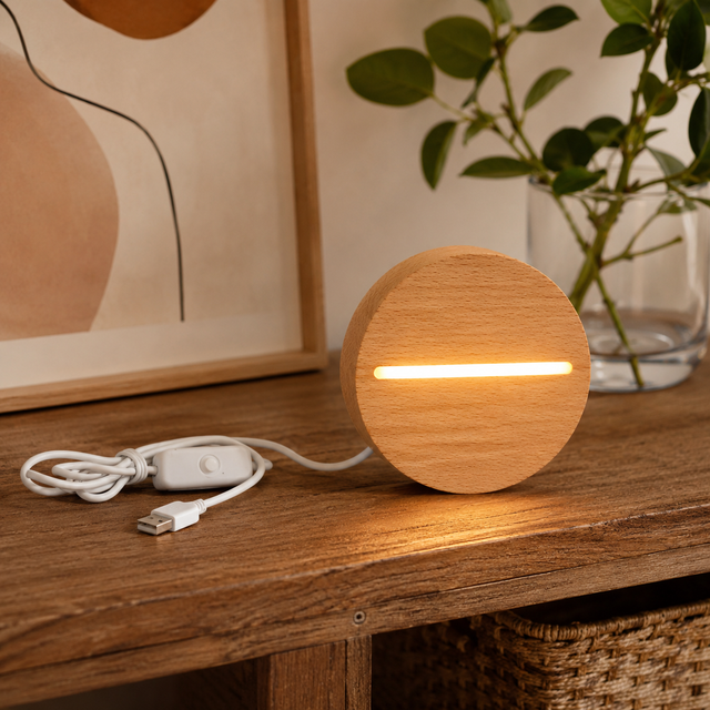 Modern Round Beech Wood USB Rechargeable 5V Warm White Color-Changing LED Mini Night Light for Bedroom