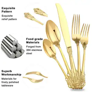 Jogo de talheres retrô em aço inoxidável, garfo e faca, utensílios de talheres banhados a ouro, conjunto de talheres luxuosos, dourado, 304