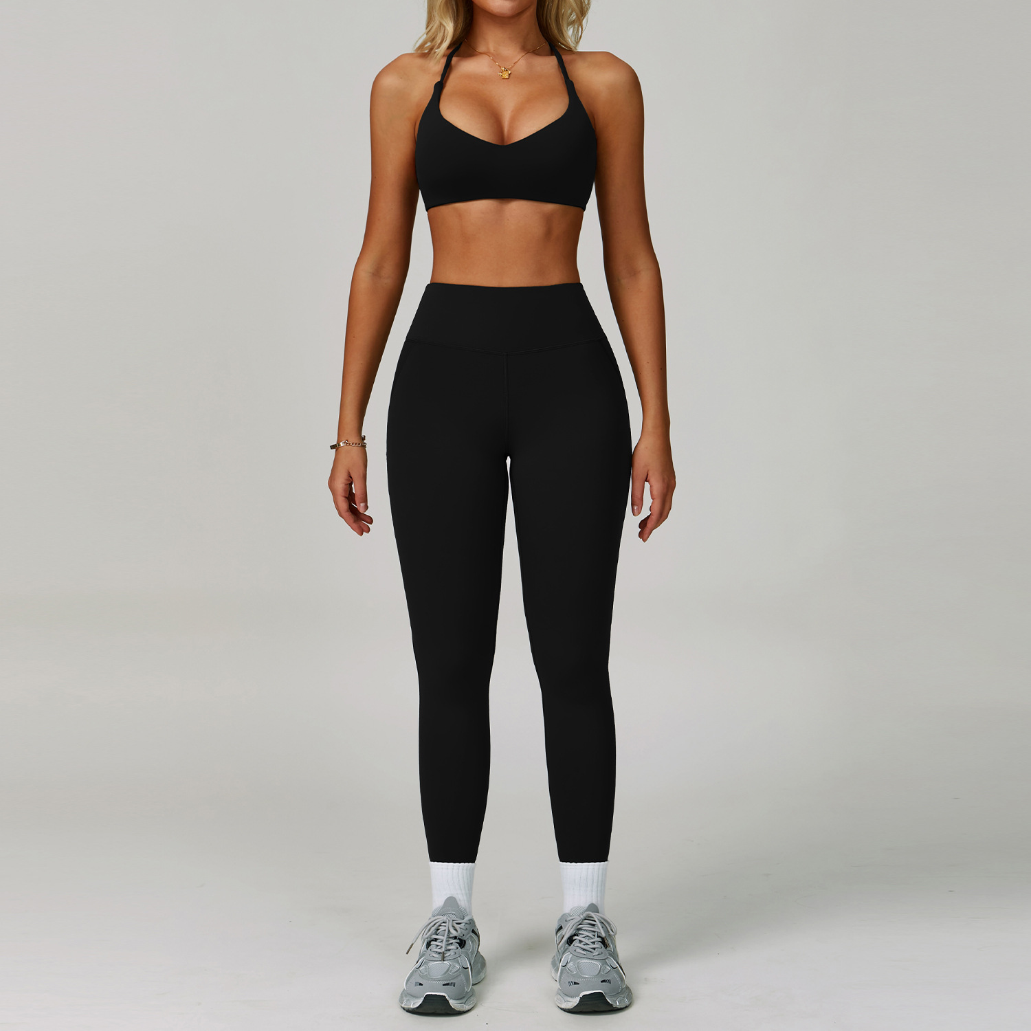 Hanging Neck Bra+ Leggings (Black)