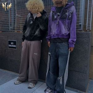 500GSM Hoodies Metal Rivet Custom Cut and Sew Splicing Sun Faded Acid Wash Zip up Distressed Embroidered Hoodies - Product Image 5