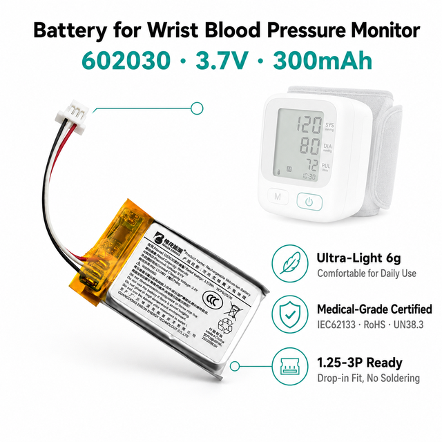Custom 3.7V 300mAh 602030 Li-Po Polymer Battery with PCM for BP Monitor Pulse Oximeter OEM UN38.3 Blood Pressure Monitor Battery