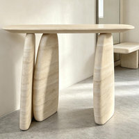 Table console en marbre travertin blanc minimaliste moderne avec base trépied en pierre naturelle à trois pieds