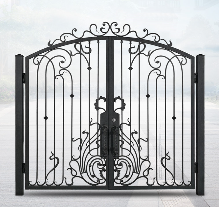 Modern Wrought Iron Sliding Gates Factory Customizable Garden Ornamental Safety Swing Gate for Outdoor Villa Wrought Iron Gates