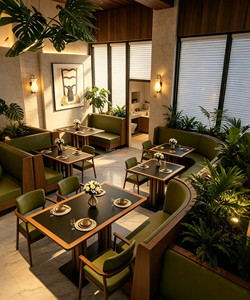 Mesa de Comedor con Marco de Madera Sólida Natural y Acabado Mate Oscuro, Silla con Respaldo Acolchado en Tela Verde Oliva, Muebles de Estilo Botánico para Cafetería, Venta al Por Mayor - Product Image 4