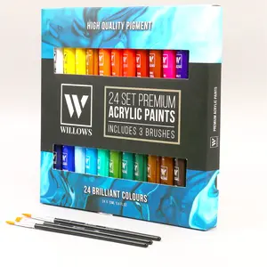 Acrylverf Set Niet Giftig 24 Pack 12Ml Verf & 3 Penselen, Waterdichte Kunstenaar Schilderij Kit Voor Papier Canvas Schilderen