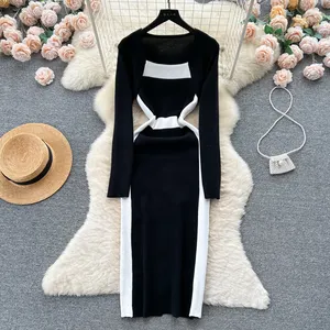 LE1742 Women Elegant Black vs White Hit Color Slim Bodycon Midi Party Sweater Dresses Retro Square Neckline Knitted Dress