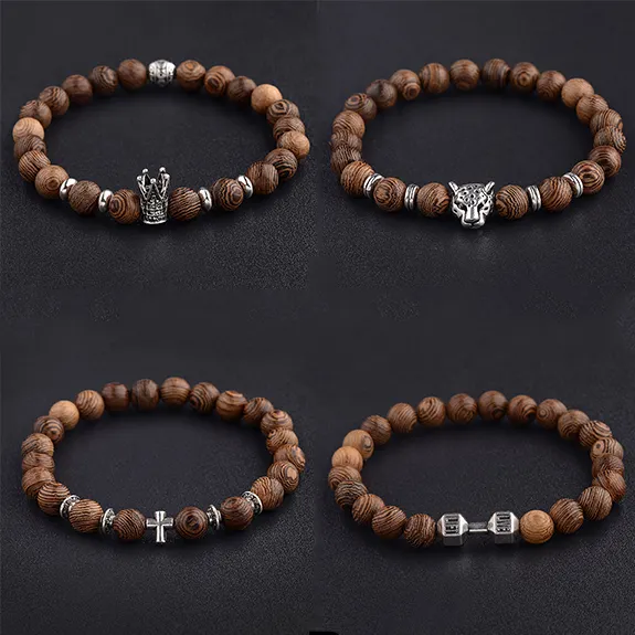 Madera brazalete de plata brazalete de la Corona de rey de cabeza de leopardo Cruz tortuga encanto de cuentas pulsera de madera