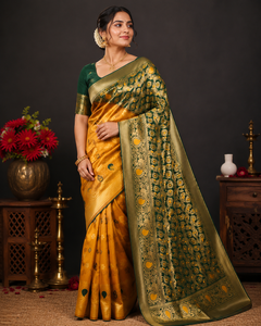Sari indien traditionnel en soie vert et or avec motif paon pour mariage et occasions festives, pour femmes - Product Image 4