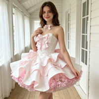 Robe de princesse pour femme, Lolita rose, robe mini sans bretelles avec nœud et volants floraux pour cosplay