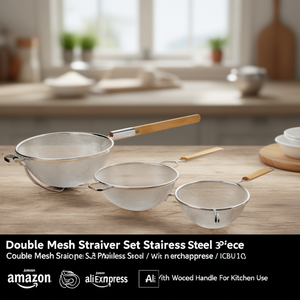 Double <b>Mesh</b> <b>Strainer</b> Set Stainless Steel 3 Piece With Wooden Handle For Kitchen Use - Product Image 3