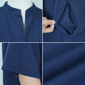 <span class=keywords><strong>Abito</strong></span> Midi da Donna <span class=keywords><strong>Blu</strong></span> Navy in Misto Cotone e <span class=keywords><strong>Lino</strong></span>, Collo Alto, Maniche 3/4, Cintura Annodabile, Vestito Casual Ampio e Dritto con Tasche - Product Image 5