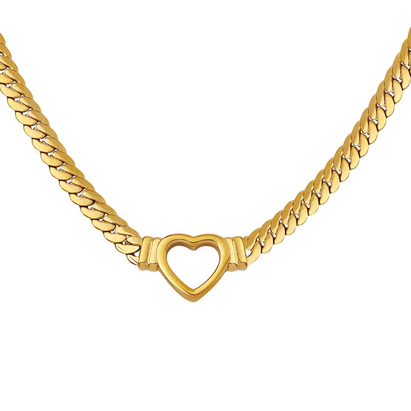 Stainless Steel Punk Cuban Link Chain Heart Necklace 18k Gold Plated Hollow Women Heart Choker Necklace