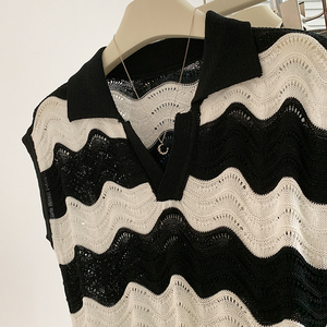 T-Shirt con collo <span class=keywords><strong>a</strong></span> Polo <span class=keywords><strong>a</strong></span> <span class=keywords><strong>righe</strong></span> ondulate in bianco <span class=keywords><strong>e</strong></span> nero camicetta da <span class=keywords><strong>donna</strong></span> Casual Chic senza maniche camicia elegante Top - Product Image 5