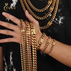 Perhiasan Mode Hip Hop Pria 14K 18K Lapis Emas Baja Tahan Karat Miami Kuba Tautan Kalung Rantai